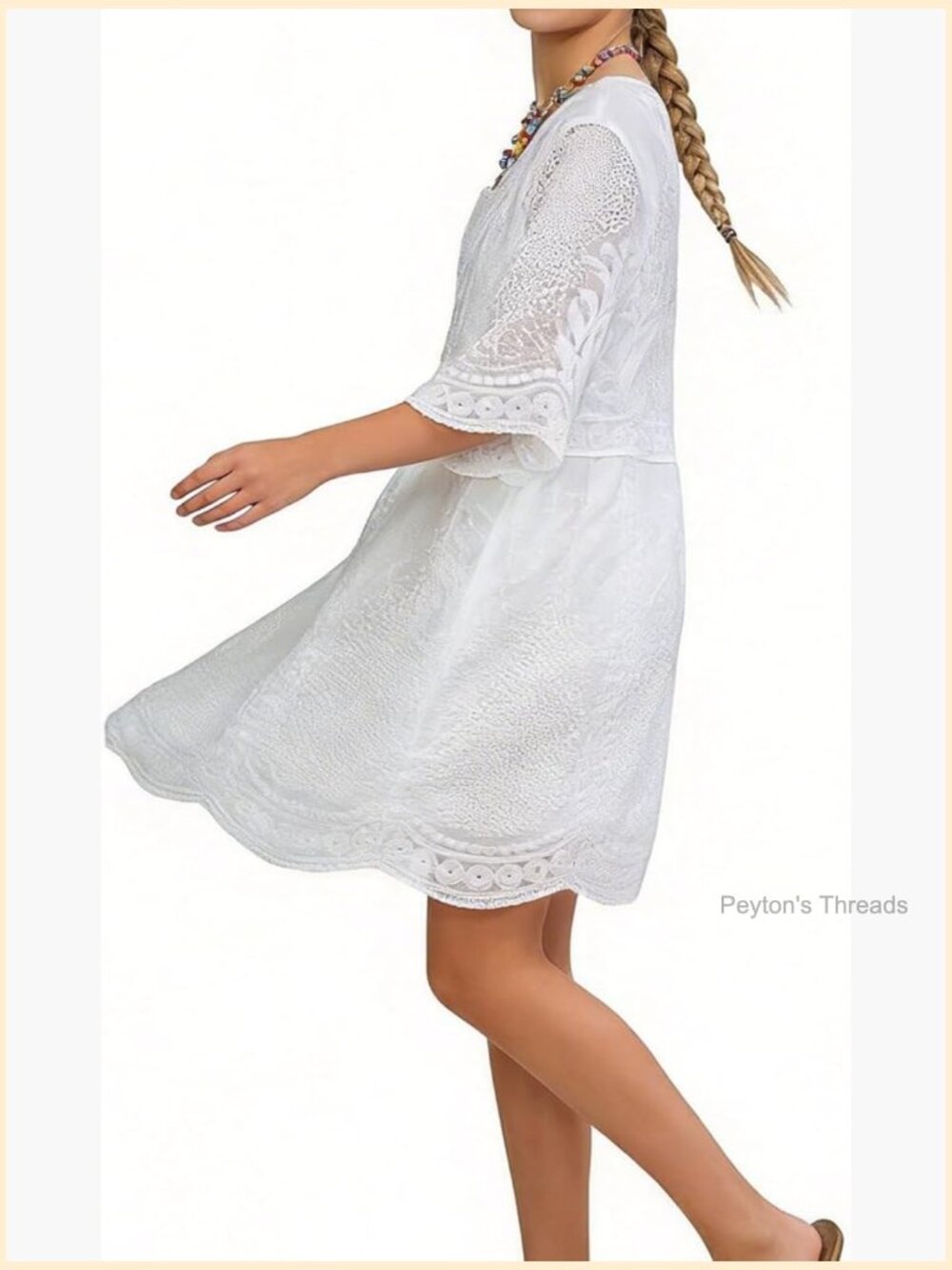 Embroidered Paisley Midi Dress - V-Neck Bell Sleeves Cotton Blend Loose A-Line - Picture 1 of 7
